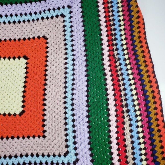 Vintage Multicolor Granny Square Knit Crocheted Afghan Throw Bedspread 68" x 83" - Picture 5 of 7